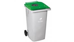 Poubelle de tri sélectif de 120 litres, de couleur grise avec un couvercle vert plat muni d'une ouverture circulaire, montée sur deux roues pour faciliter le déplacement en entreprise ou collectivité.