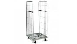 Chariot roll conteneur en acier galvanisé avec base roulante et deux parois latérales grillagées, conçu pour le transport sécurisé et la manutention de gros volumes de déchets ou de marchandises en entrepôt.