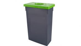 Collecteur de tri sélectif modèle Triade 2, de forme rectangulaire étroite en gris anthracite avec un couvercle vert amovible muni d'une ouverture centrale, idéal pour le recyclage dans les bureaux.